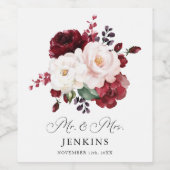 Burgundy en Blush Pink Floral Wedding Wijn Etiket (Enkel label)