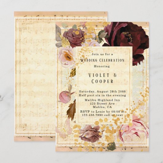 Burgundy en Blush Pink Musical Floral Wedding Kaart (Voorkant / Achterkant)
