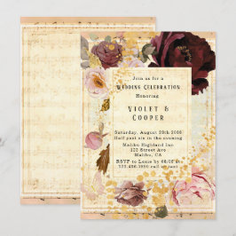 Burgundy en Blush Pink Musical Floral Wedding Kaart