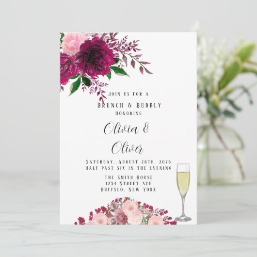 Burgundy en Blush Pink Peony Brunch en Bubble Kaart (Staand voorkant)