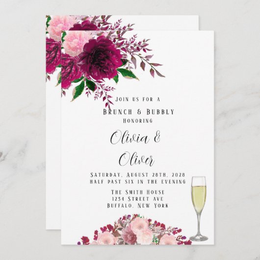 Burgundy en Blush Pink Peony Brunch en Bubble Kaart (Voorkant / Achterkant)