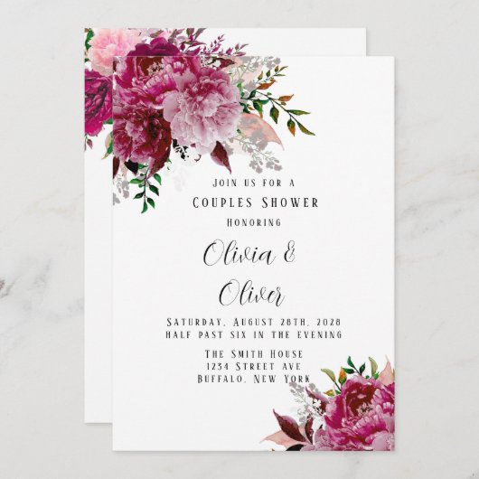 Burgundy en Blush Pink Peony Couples Shower Kaart (Voorkant / Achterkant)