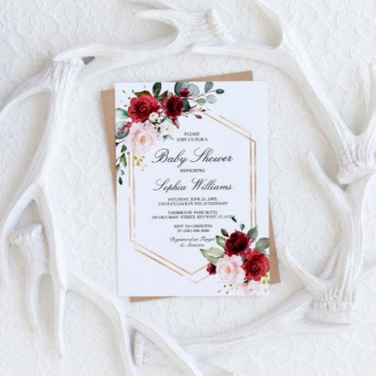 Burgundy en Blush Pink Rose Baby shower Kaart