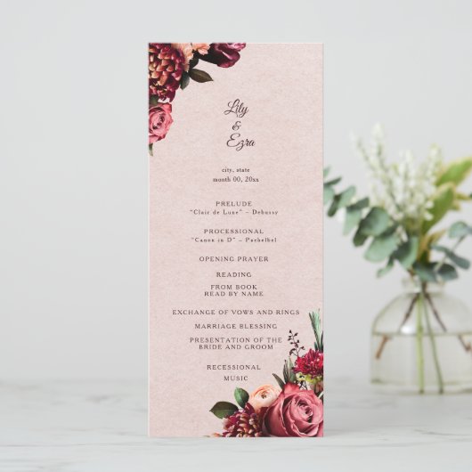 Burgundy en Blush Plat Programma Programmakaart (Staand voorkant)