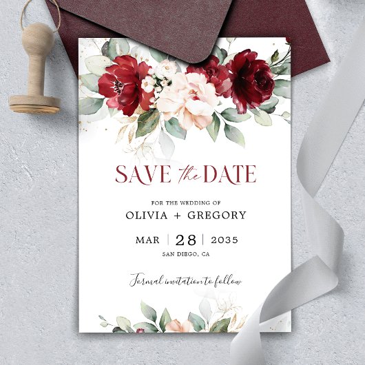 Burgundy en Blush Roze Bloem Save The Date