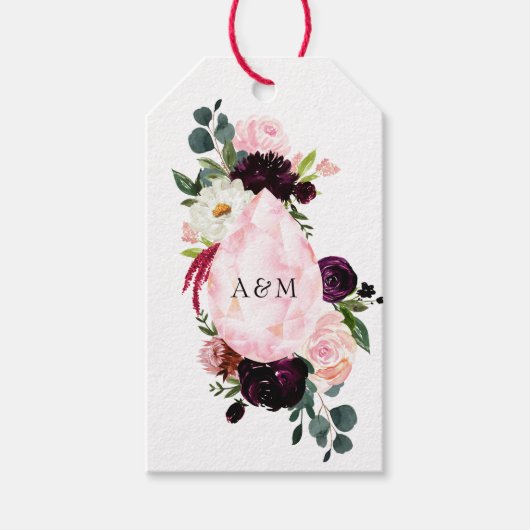 Burgundy en Blush Roze Diamant Bloem Monogram Cadeaulabel (Voorkant)