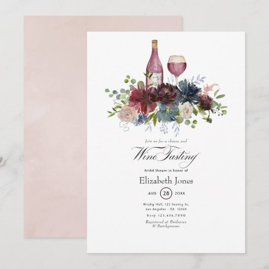Burgundy en Blush Roze Wijnproeverij Uitnodiging (Voorkant / Achterkant)