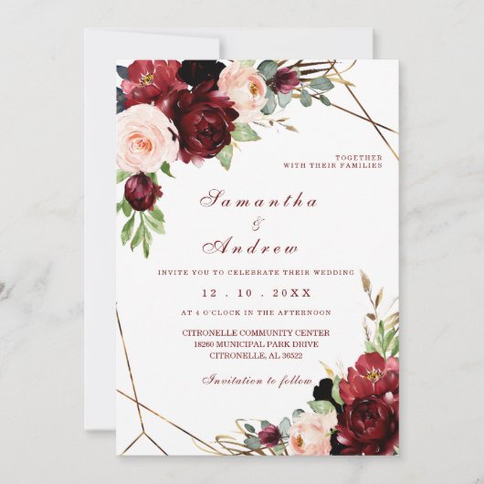 Burgundy en Blush Trouwtemplate Kaart (Voorkant)