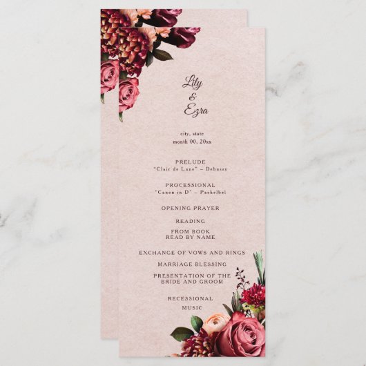 Burgundy en Blush Vlak Programma Programmakaart (Voorkant / Achterkant)