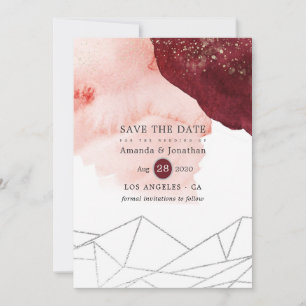 Burgundy en Blush Waterverf Geometrische Trouwdag Save The Date