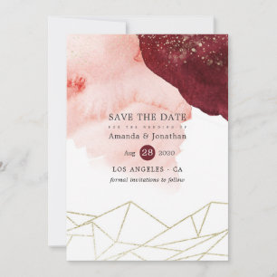 Burgundy en Blush Waterverf Geometrische Trouwdag Save The Date