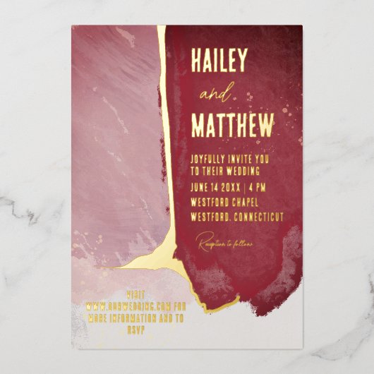 Burgundy en Dusty Pink Waterverf Wedding Folie Uitnodiging (Voorkant)