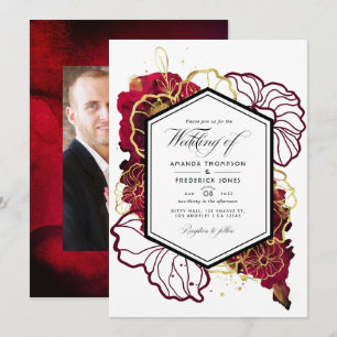 Burgundy en Gold Abstract Floral Wedding Foto Kaart