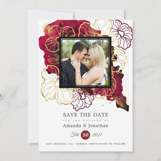 Burgundy en Gold Abstract Floral Wedding Foto Save The Date (Voorkant)