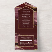 Burgundy en Gold Agate Marble Wedding All In One Uitnodiging (Binnen)