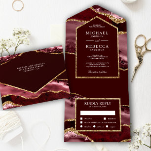 Burgundy en Gold Agate Marble Wedding All In One Uitnodiging