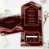Burgundy en Gold Agate Marble Wedding All In One Uitnodiging