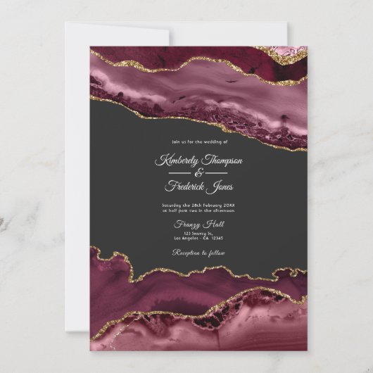 Burgundy en Gold Agate Stone Wedding Kaart (Voorkant)