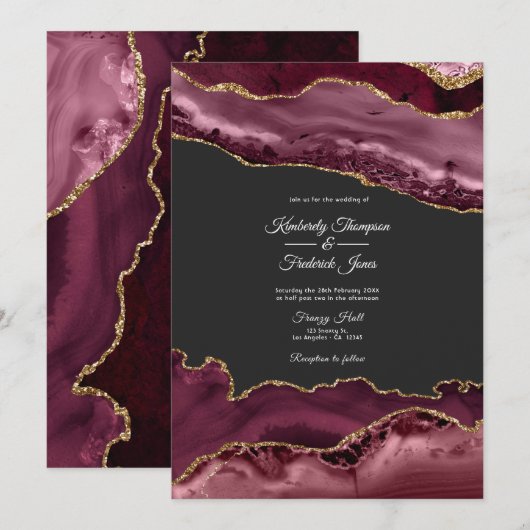 Burgundy en Gold Agate Stone Wedding Kaart (Voorkant / Achterkant)