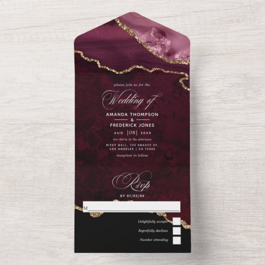 Burgundy en Gold Agate Wedding All-in-One Invitat All In One Uitnodiging (Binnen)