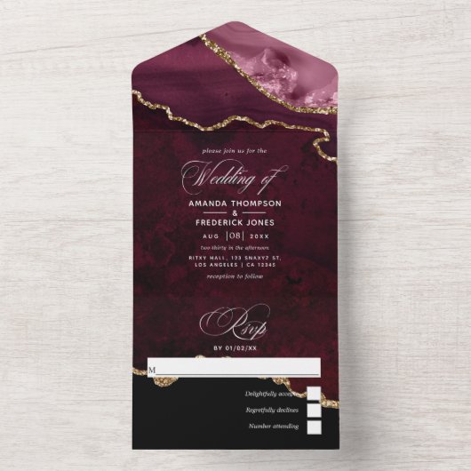 Burgundy en Gold Agate Wedding All In One Uitnodiging (Binnen)