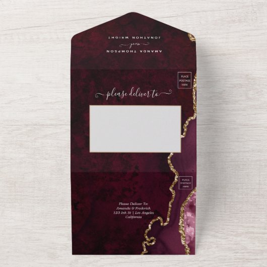 Burgundy en Gold Agate Wedding All In One Uitnodiging (Buitenkant)