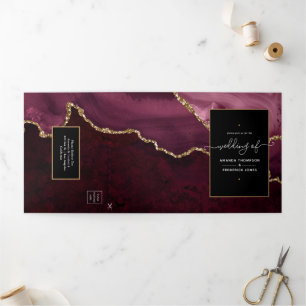 Burgundy en Gold Agate Wedding Drieluik Uitnodiging