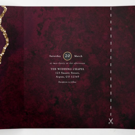 Burgundy en Gold Agate Wedding Drieluik Uitnodiging (Binnenkant midden)