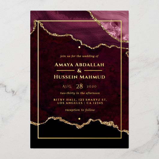 Burgundy en Gold Agate Wedding Folie Uitnodiging (Voorkant)