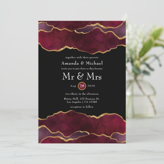 Burgundy en Gold Agate Wedding Kaart (Staand voorkant)