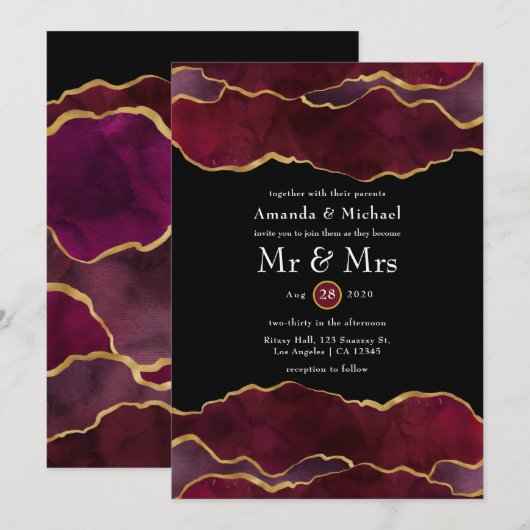 Burgundy en Gold Agate Wedding Kaart (Voorkant / Achterkant)