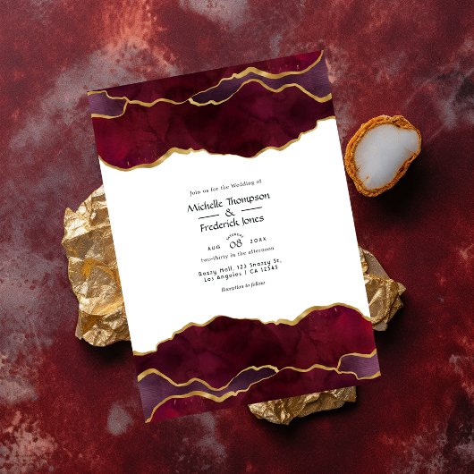 Burgundy en Gold Agate Wedding Kaart