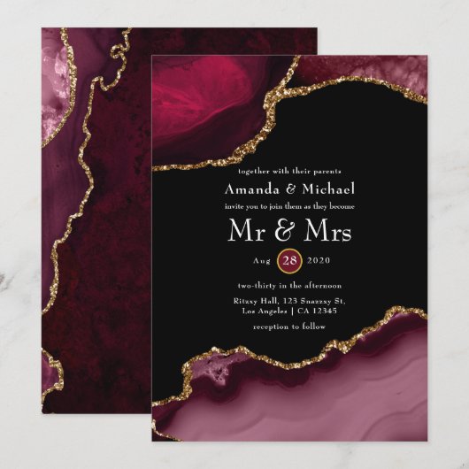 Burgundy en Gold Agate Wedding Kaart (Voorkant / Achterkant)