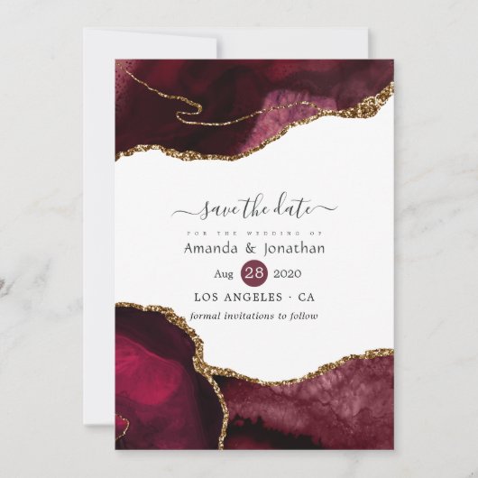 Burgundy en Gold Agate Wedding Save The Date (Voorkant)