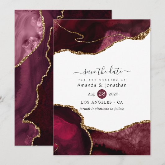Burgundy en Gold Agate Wedding Save The Date (Voorkant / Achterkant)