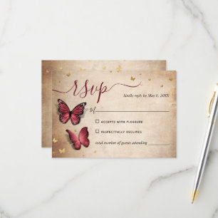 Burgundy en Gold Butterfly Elegant Wedding RSVP Kaartje