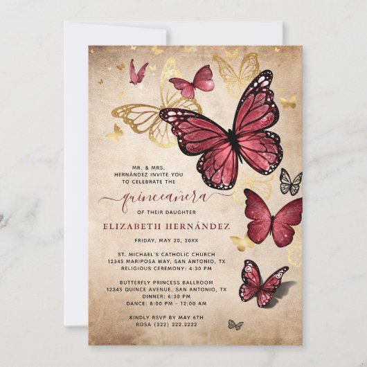 Burgundy en Gold Butterfly Quinceanera Birthday Kaart (Voorkant)