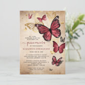 Burgundy en Gold Butterfly Quinceanera Birthday Kaart (Staand voorkant)