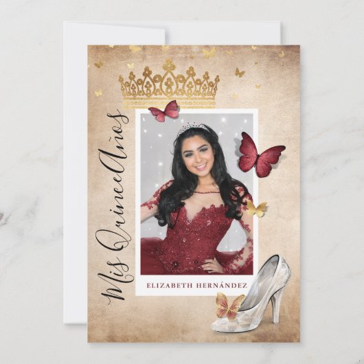 Burgundy en Gold Butterfly Quinceanera Birthday Kaart (Achterkant)