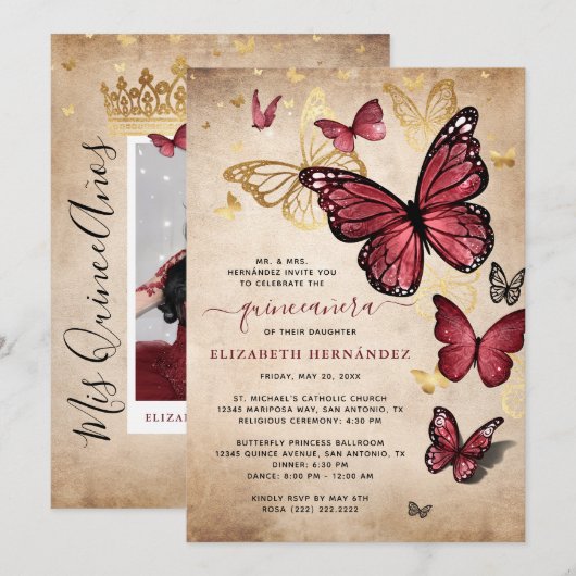 Burgundy en Gold Butterfly Quinceanera Birthday Kaart (Voorkant / Achterkant)
