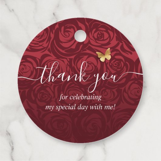 Burgundy en Gold Elegant Roos Quinceanera Bedankjes Labels (Achterkant)