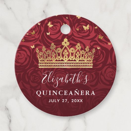 Burgundy en Gold Elegant Roos Quinceanera Bedankjes Labels (Voorkant)