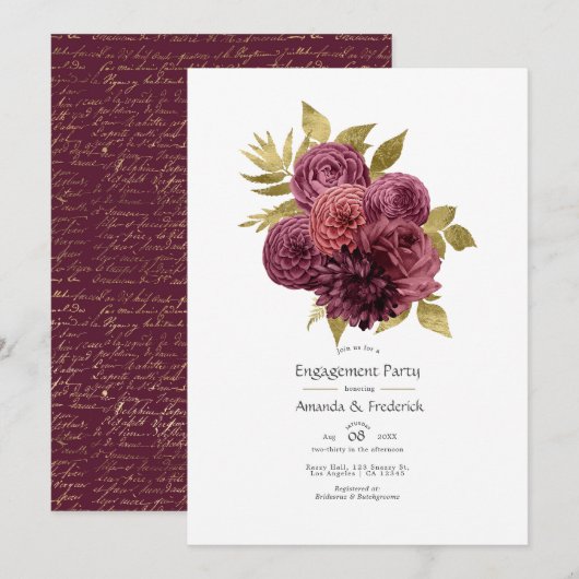 Burgundy en Gold Floral Engagement Party Kaart (Voorkant / Achterkant)