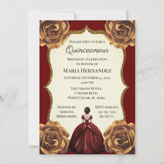 Burgundy en Gold Floral Quinceanera Birthday Kaart (Voorkant)