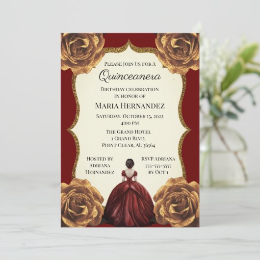 Burgundy en Gold Floral Quinceanera Birthday Kaart (Staand voorkant)