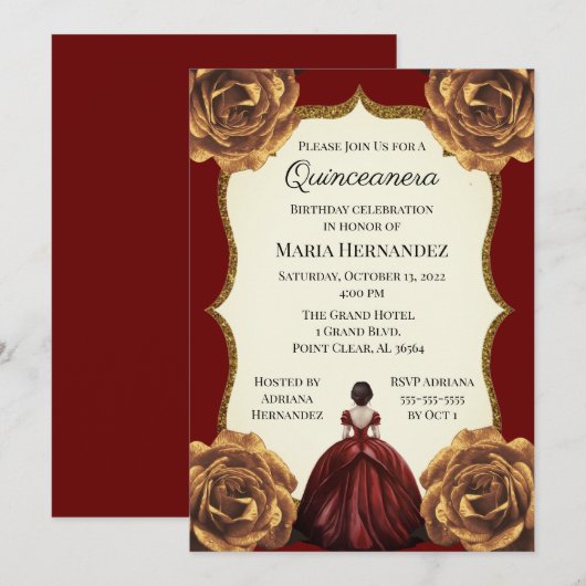 Burgundy en Gold Floral Quinceanera Birthday Kaart (Voorkant / Achterkant)