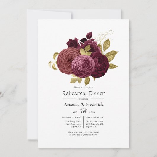 Burgundy en Gold Floral Rehearsal Dinner Invitati Kaart (Voorkant)