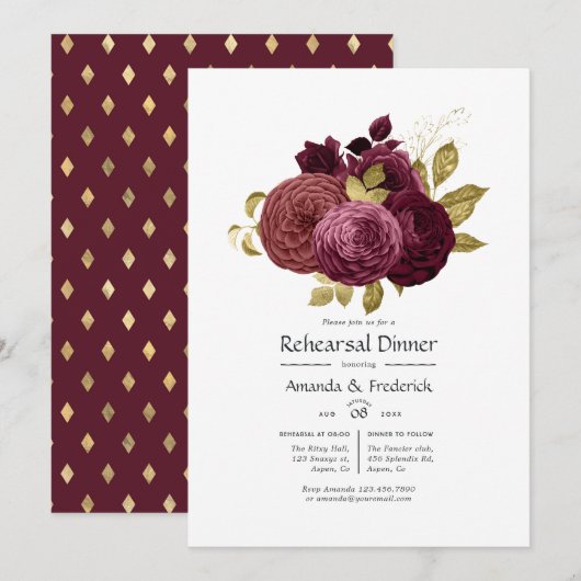 Burgundy en Gold Floral Rehearsal Dinner Invitati Kaart (Voorkant / Achterkant)