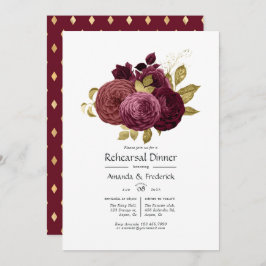 Burgundy en Gold Floral Rehearsal Dinner Invitati Kaart