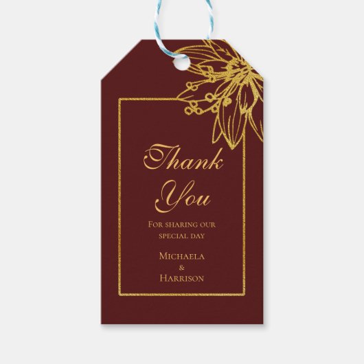 Burgundy en Gold Floral Wedding Favor Cadeaulabel (Voorkant)